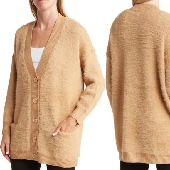 NWT T Tahari Camel Tan Eyelash Cardigan - Picture 1 of 2